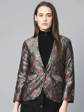 Women Blue & Maroon Satin Finish Printed Single-Breasted Blazer