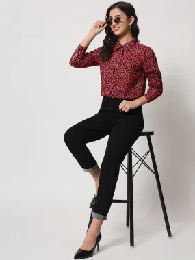 Women Red Relaxed Animal Printed Semi Sheer Casual Shirt