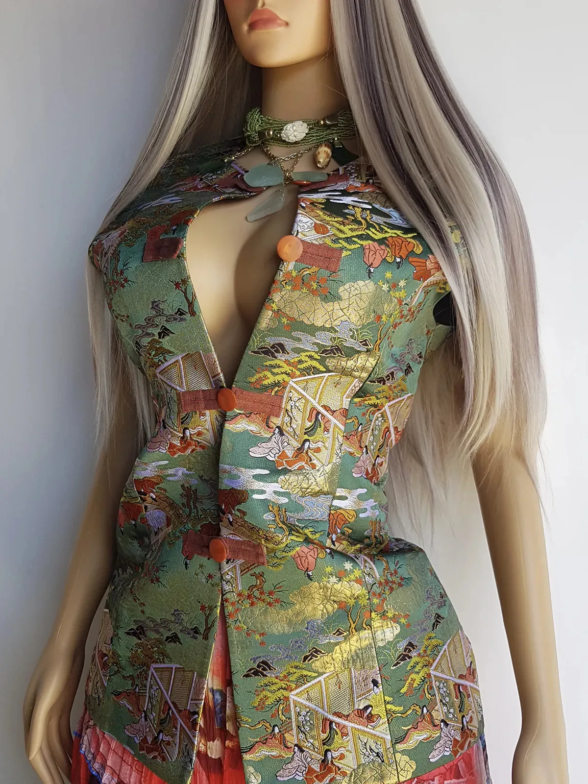 1950s Vintage Darling Sculptural Asian Scene Vest - Brocade with Metallic Threads - Green Tones - Intricate and Detailed