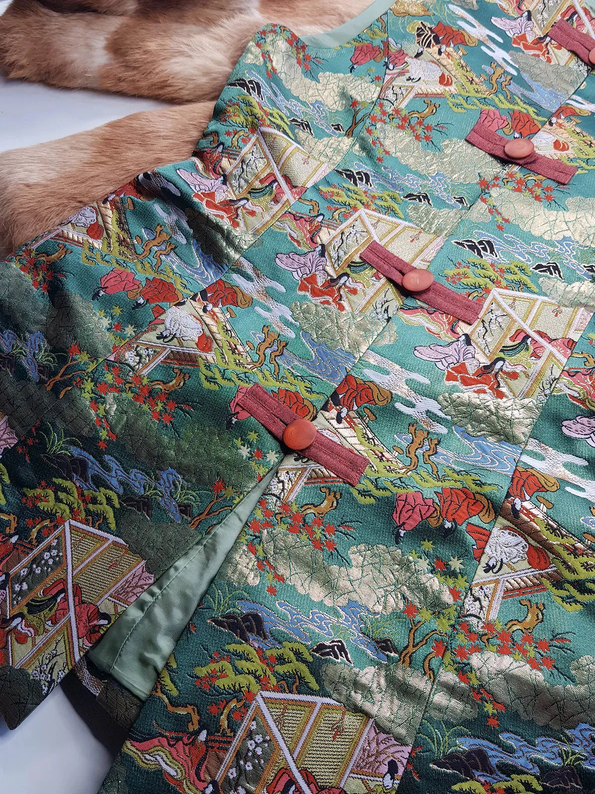 1950s Vintage Darling Sculptural Asian Scene Vest - Brocade with Metallic Threads - Green Tones - Intricate and Detailed