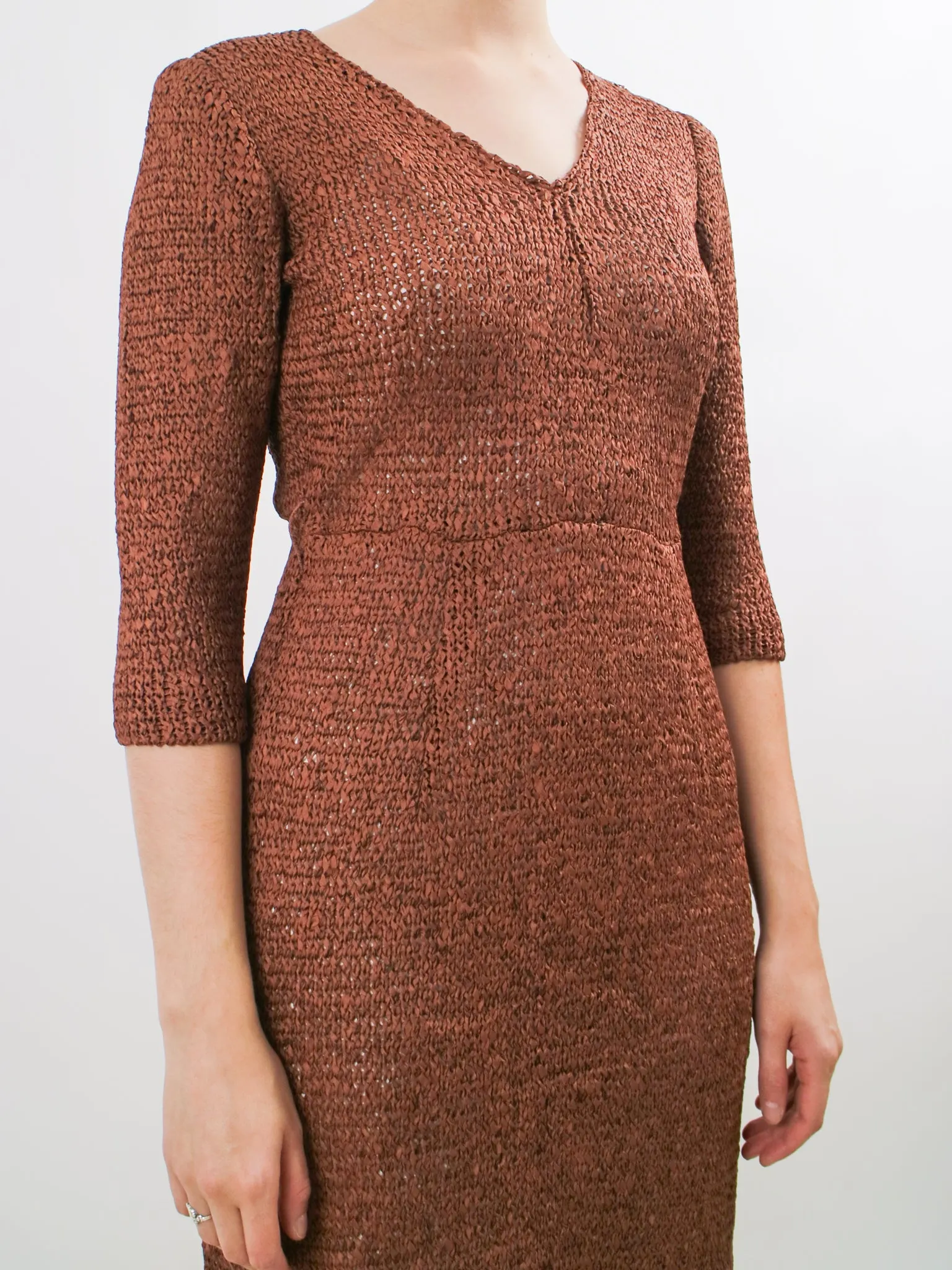 1960s Brassy Brown Ribbon Knit Shift Dress