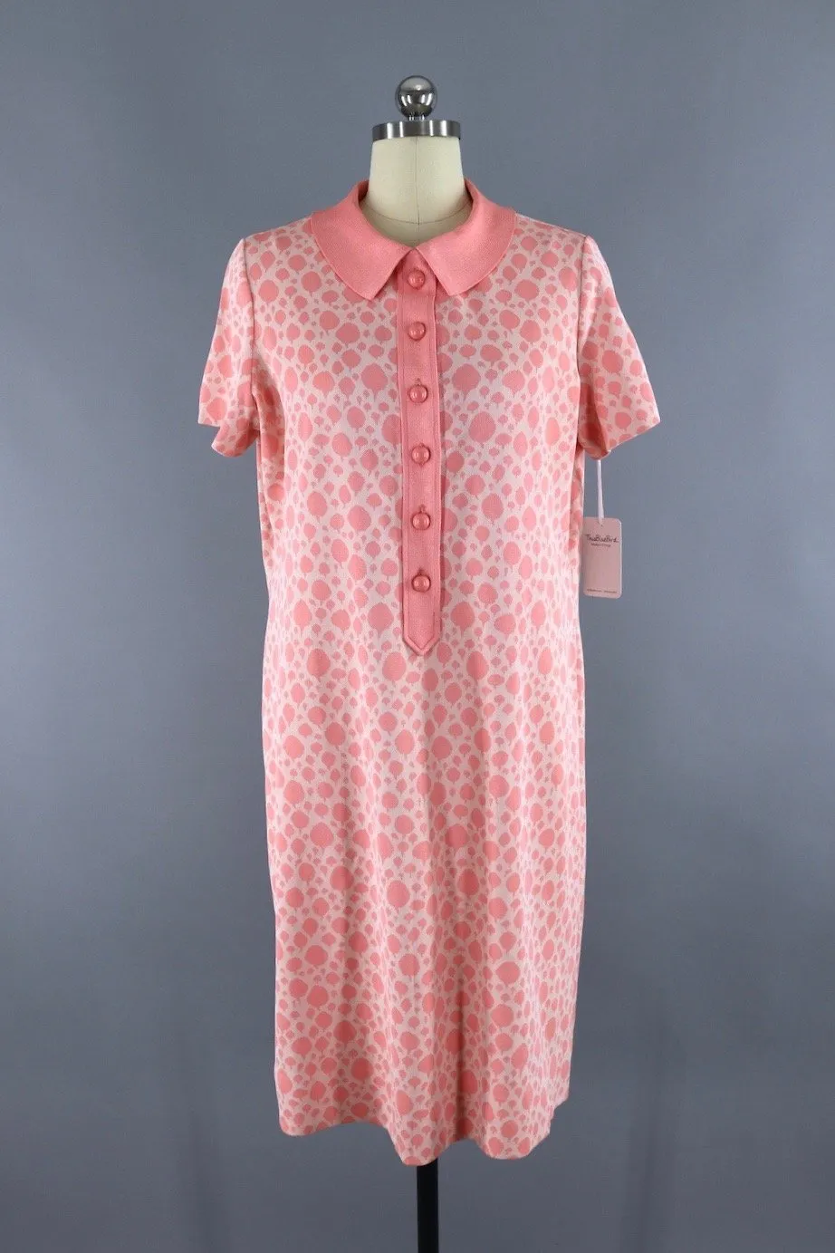 1960s Vintage Polo Knit Dress / Peach Pink Polka Dots