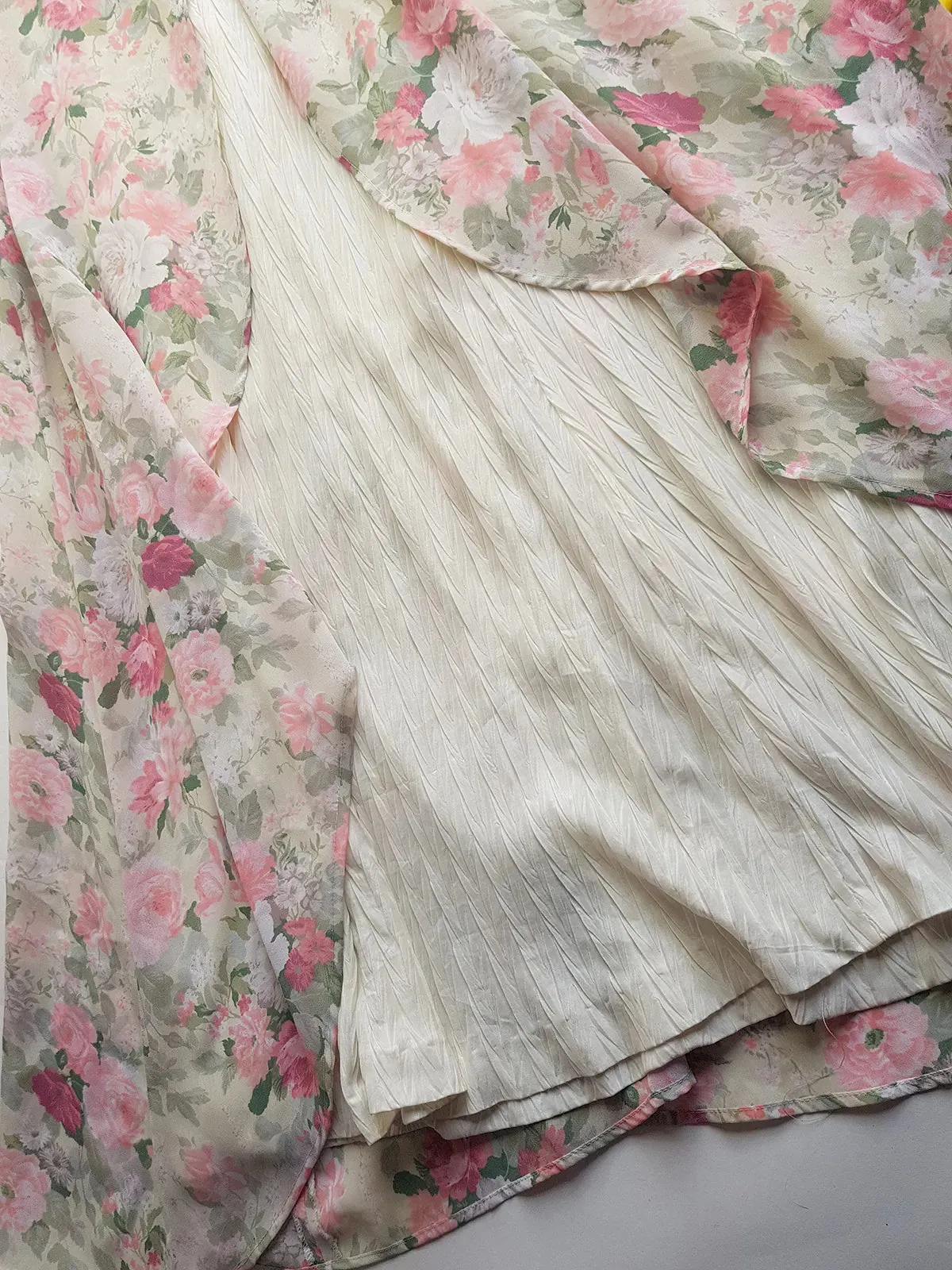 1970s Vintage Bridal Quality Multi Layer Summertime Dress - Florals in Pink Tones - Hourglass Waist & Flared Skirt - Double Layered Light & Flouncy - Absolutely Beautiful