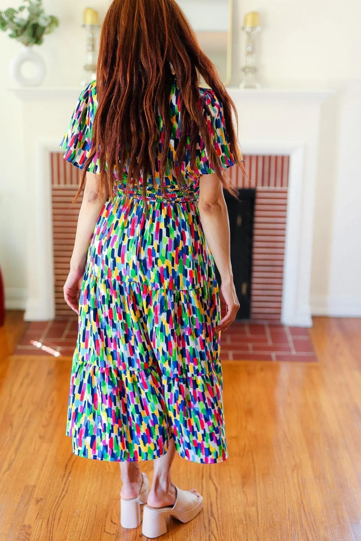 All For You Navy Multicolor Abstract Print Smocked Waist Maxi Dress