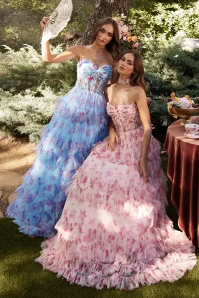 Andrea & Leo Couture A1334 Floral Pint Pleated Ruffle A Line Prom Dress Sheer Corset Formal Gown