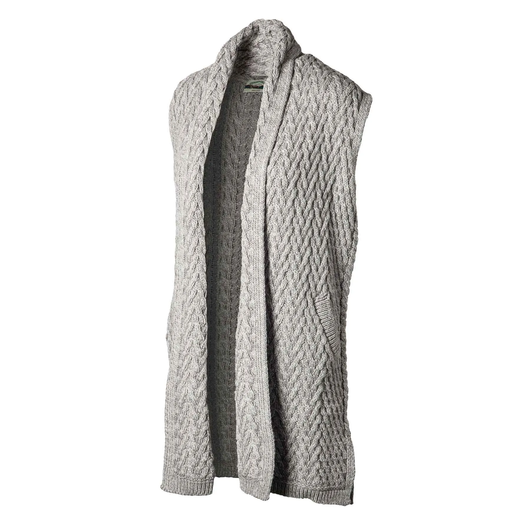 Aran Knit Long Vest, Soft Grey