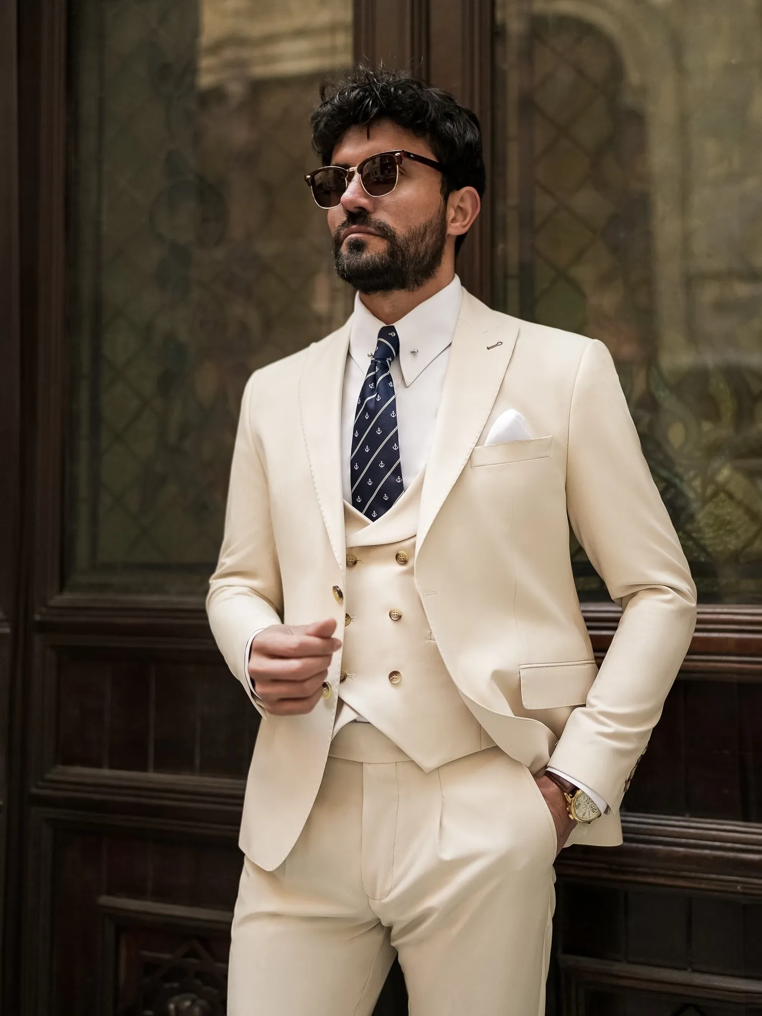 Beige Modern-Fit Suit 3-Piece