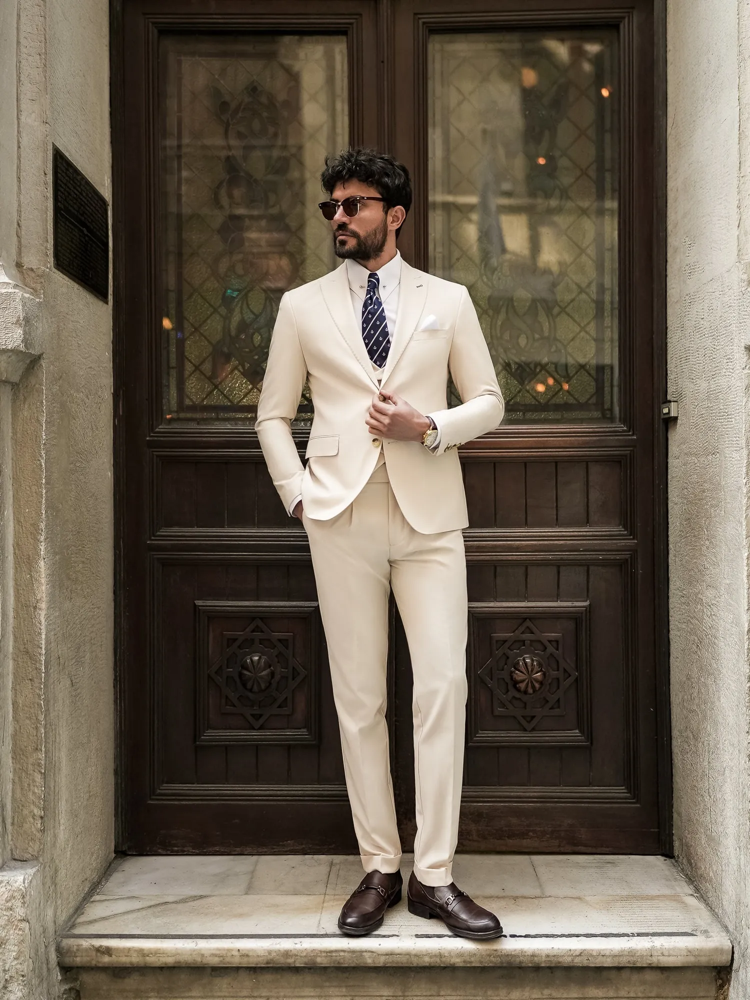 Beige Modern-Fit Suit 3-Piece