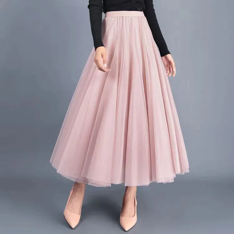 Big swing bouffant ankle-length skirt, high waist slim fairy skirt, net gauze skirt A-line skirt  3690