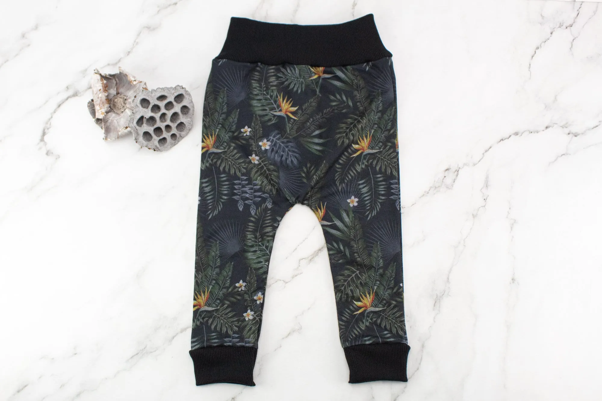 Black Birds of Paradise Knit Harem Pants with Wide Black Band 12-18 months