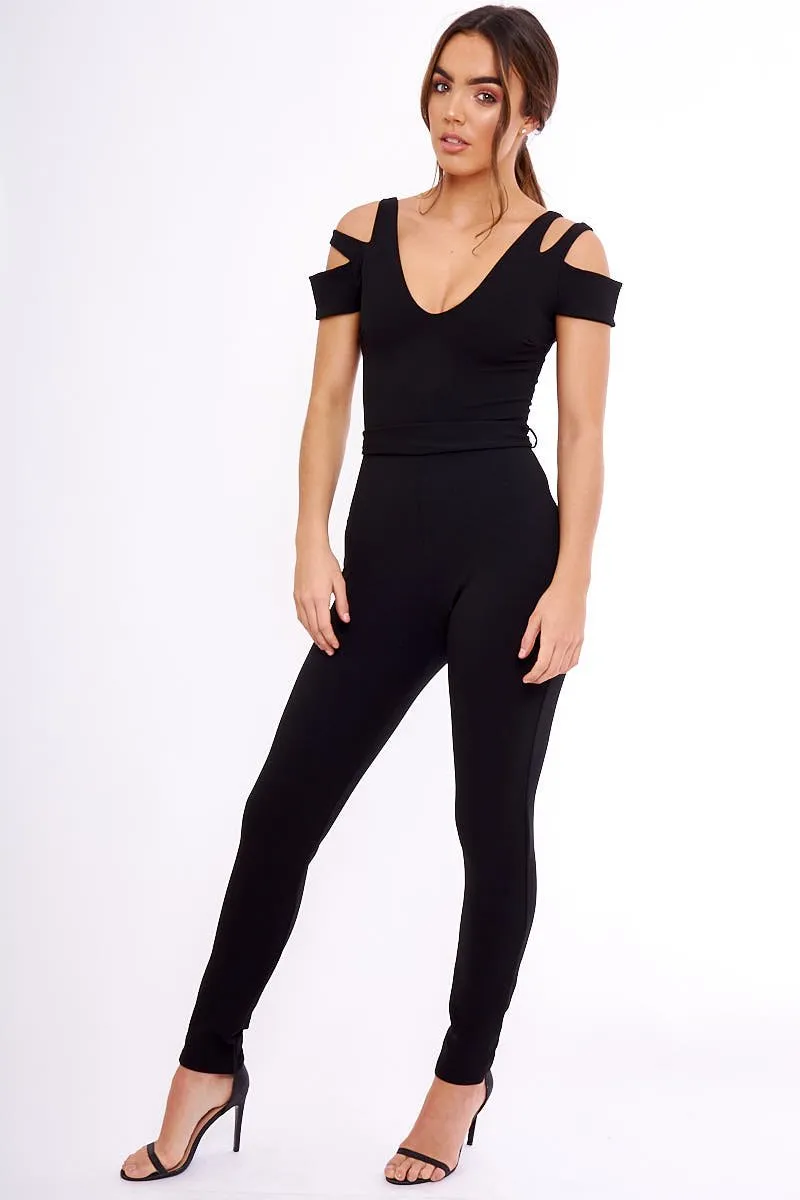 Black Cold Shoulder Cut Out Jumpsuit - Pria