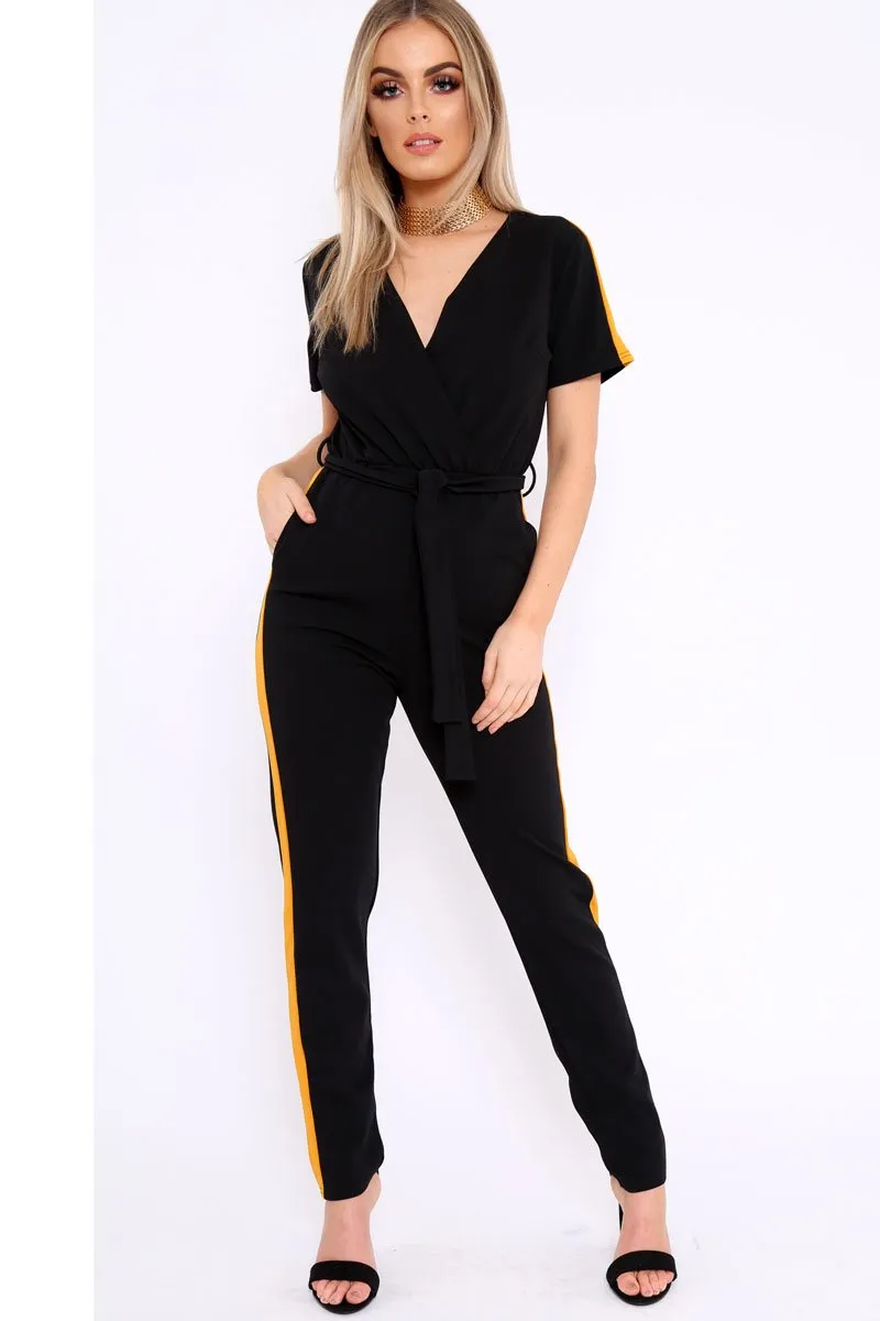 Black Plunge Front Contrast Side Stripe Jumpsuit - Jayah