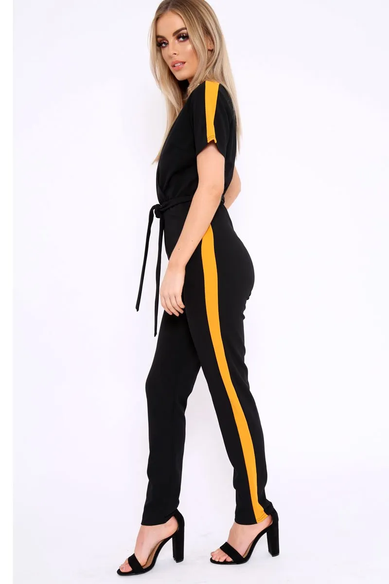 Black Plunge Front Contrast Side Stripe Jumpsuit - Jayah