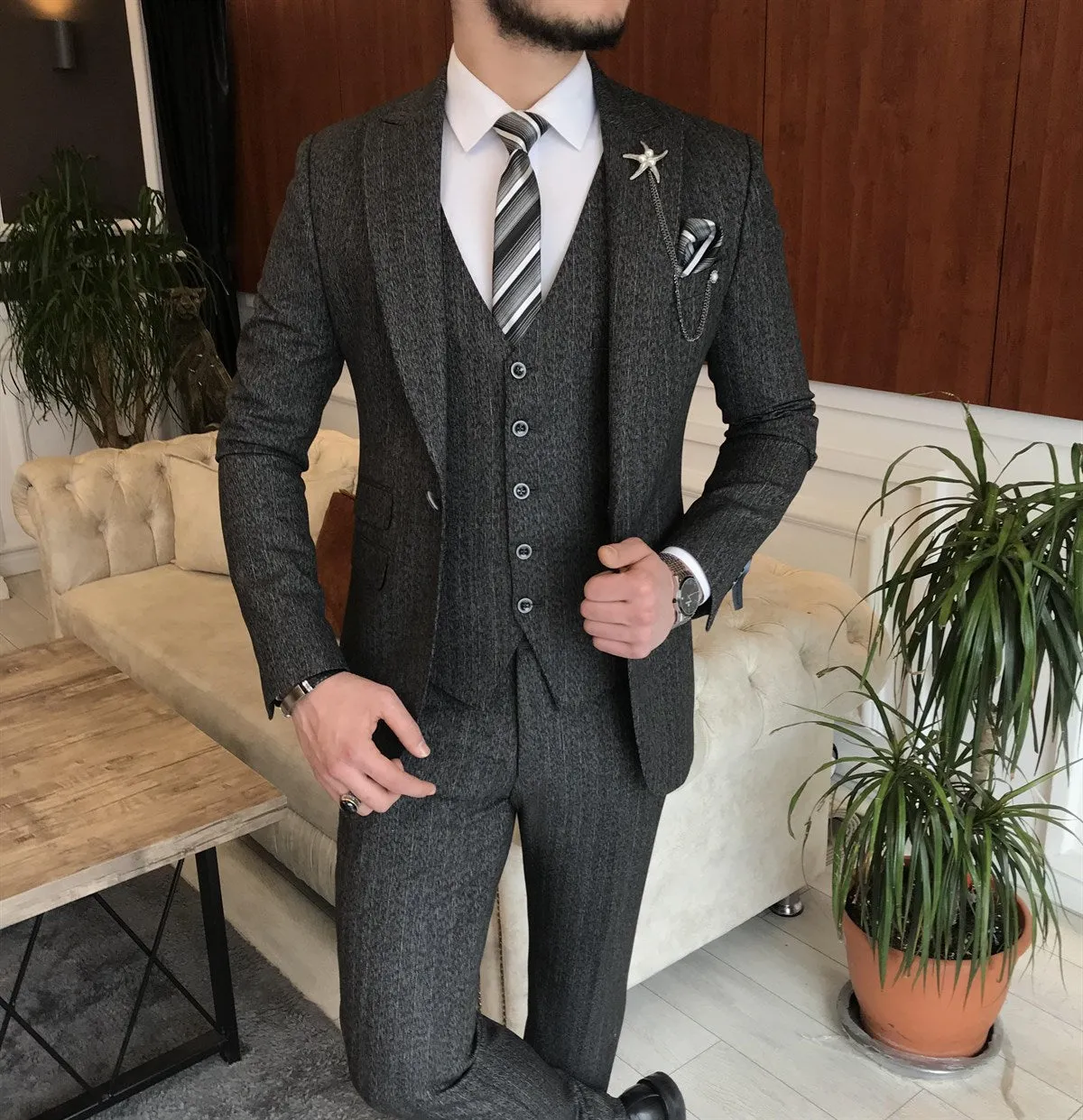 Bojoni Cagliari Black Striped Slim-Fit Suit 3-Piece