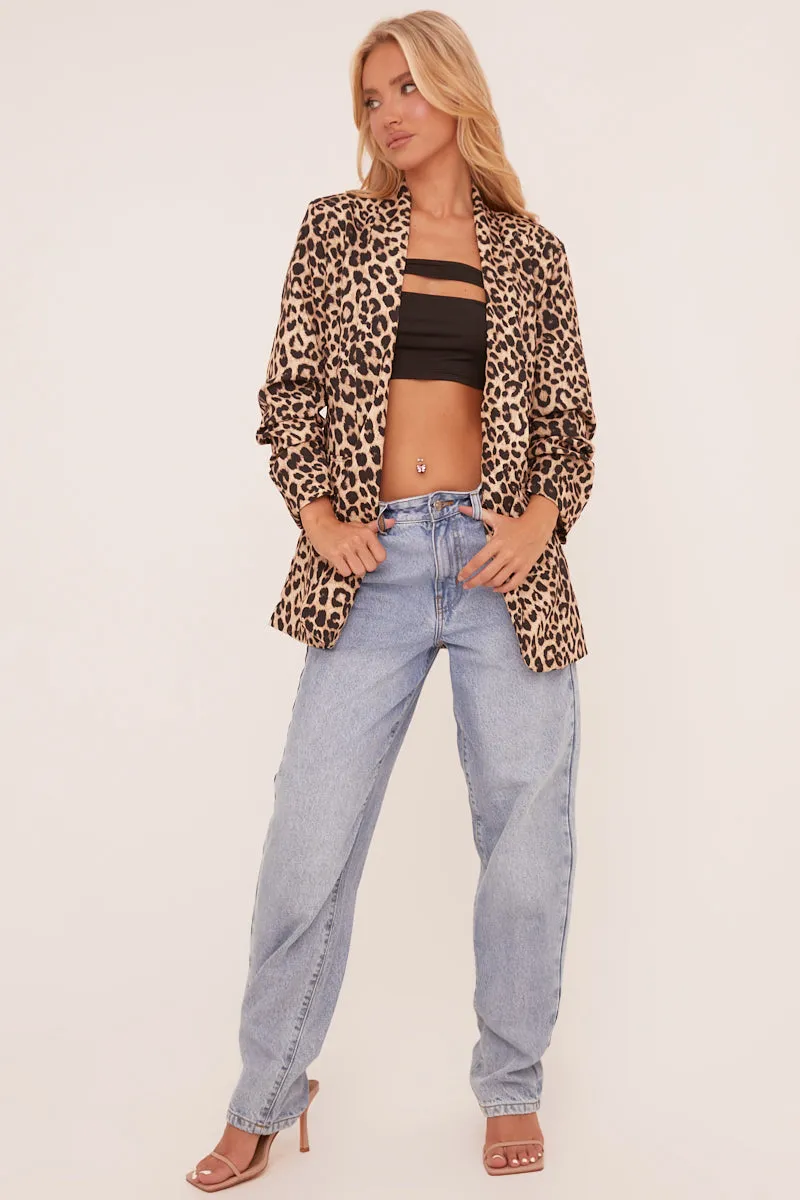 Brown Leopard Print Ruched Sleeves Oversized Blazer - Xavier