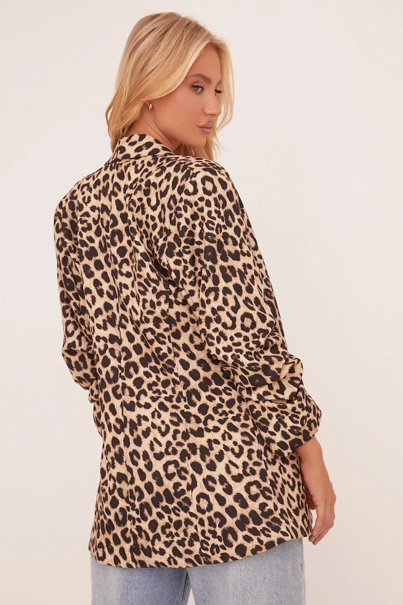 Brown Leopard Print Ruched Sleeves Oversized Blazer - Xavier