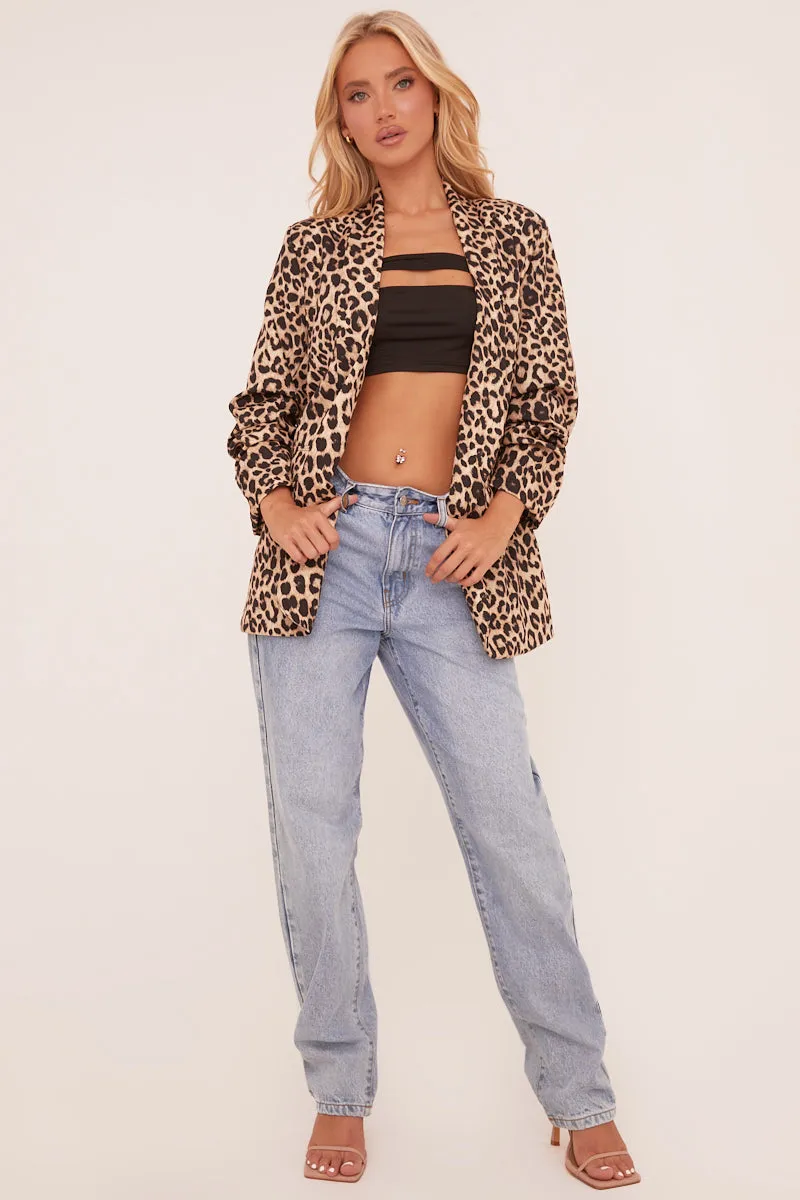 Brown Leopard Print Ruched Sleeves Oversized Blazer - Xavier