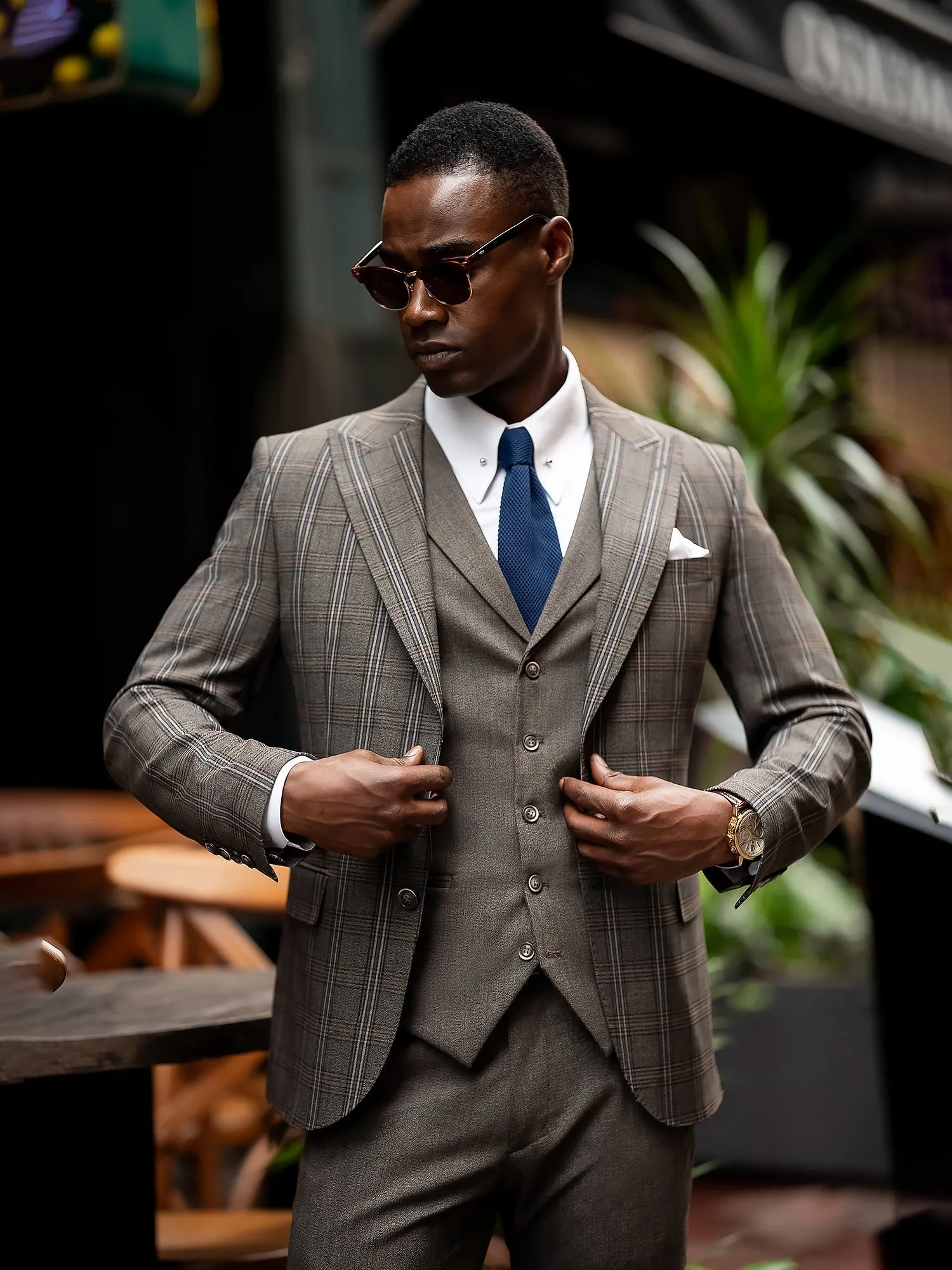 Brown Plaid Slim-Fit Suit 3-Piece