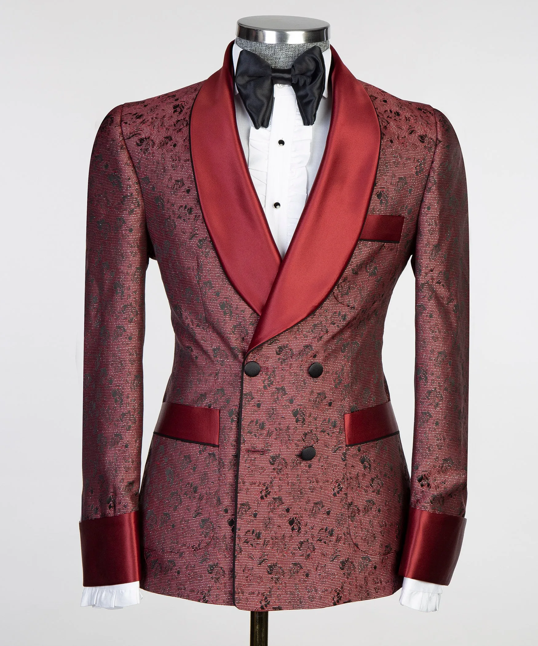 Burgundy Jacquard Belted Suit