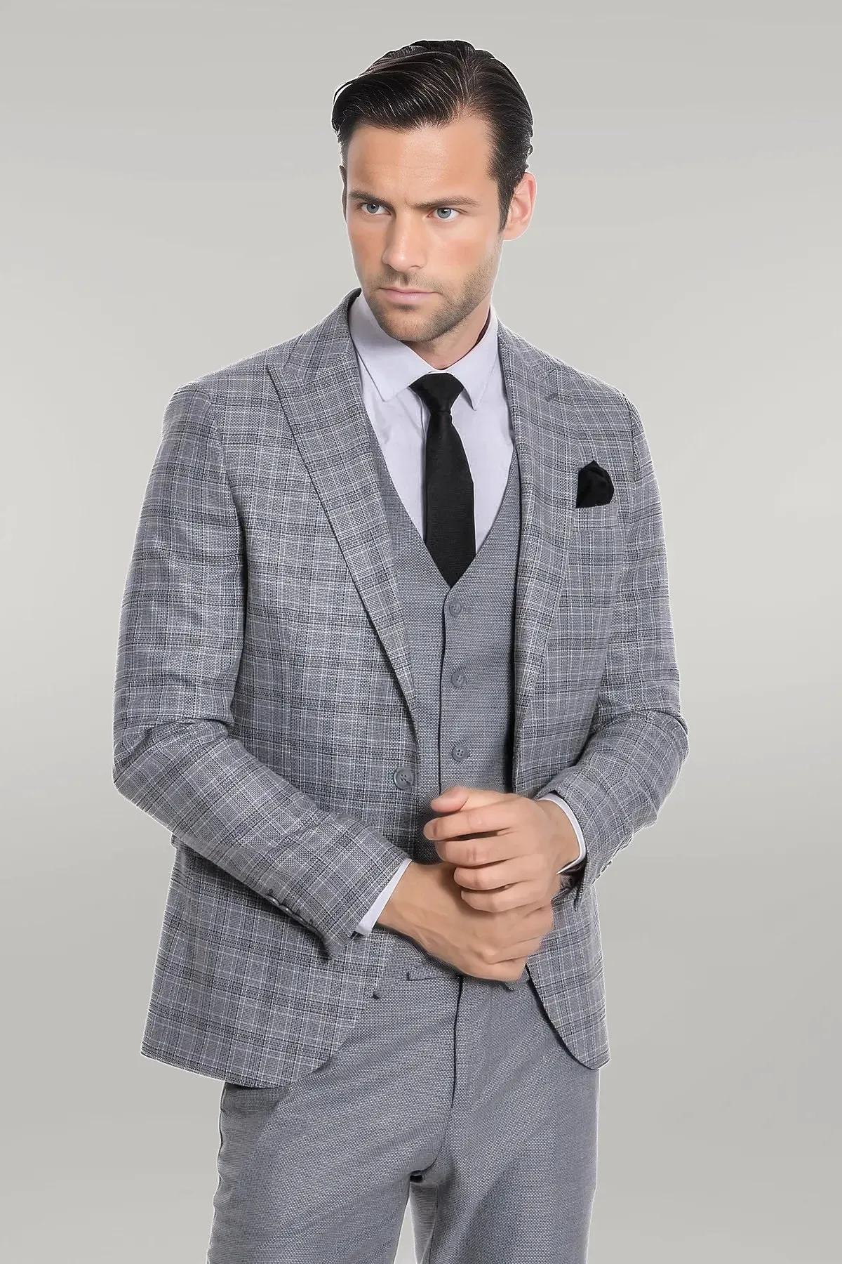 Checked Slim Fit Light Grey Men Suit - Wessi