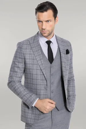 Checked Slim Fit Light Grey Men Suit - Wessi