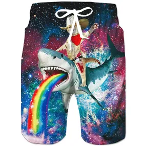 Cowboy Cat Riding Shark Funny Swim Trunks