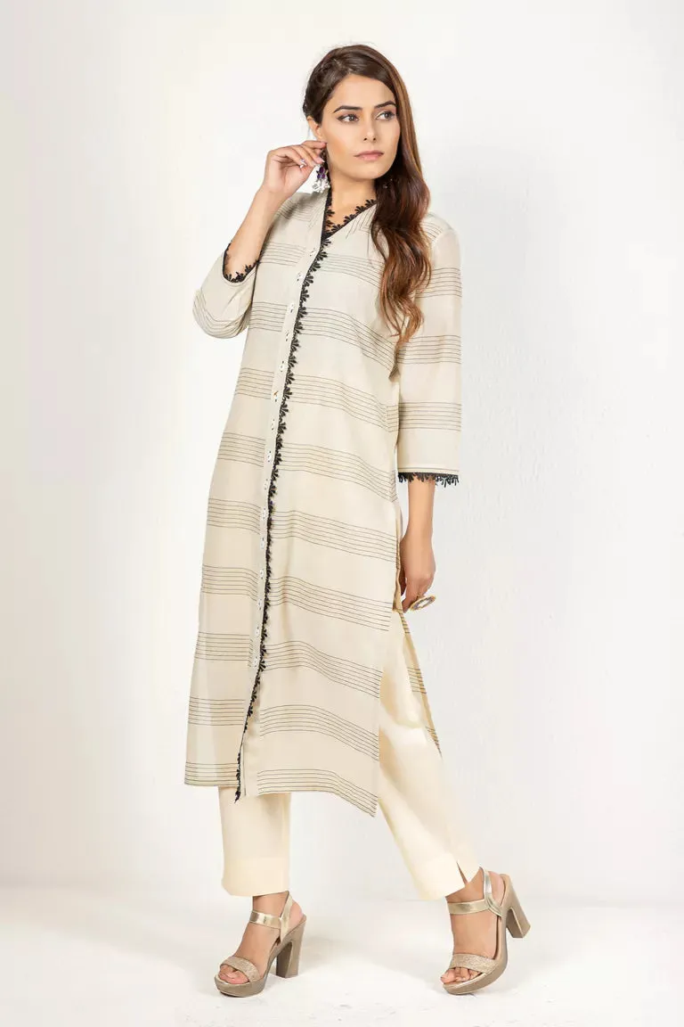 Cream & Black Cotton Silk Kurta