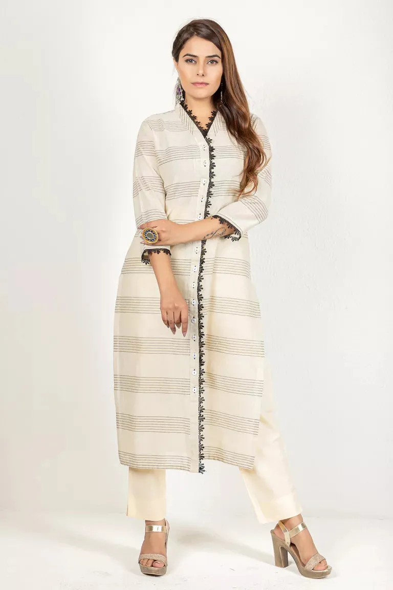 Cream & Black Cotton Silk Kurta