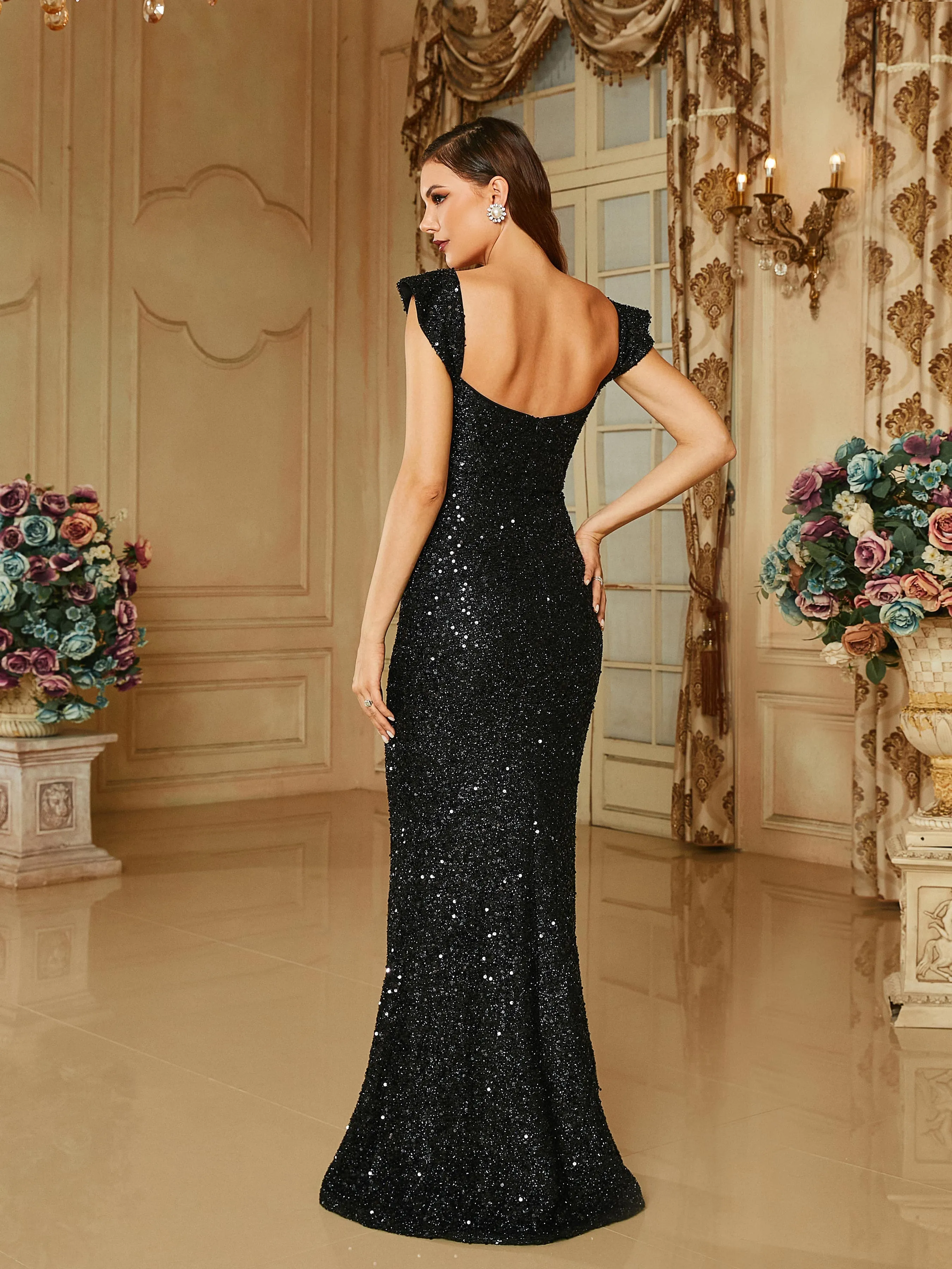 Cutout Ruffle Sequin Mermaid Black Prom Dress RM20665