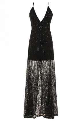 Daphne Black Sheer Luxe Sequin Slit Maxi Dress