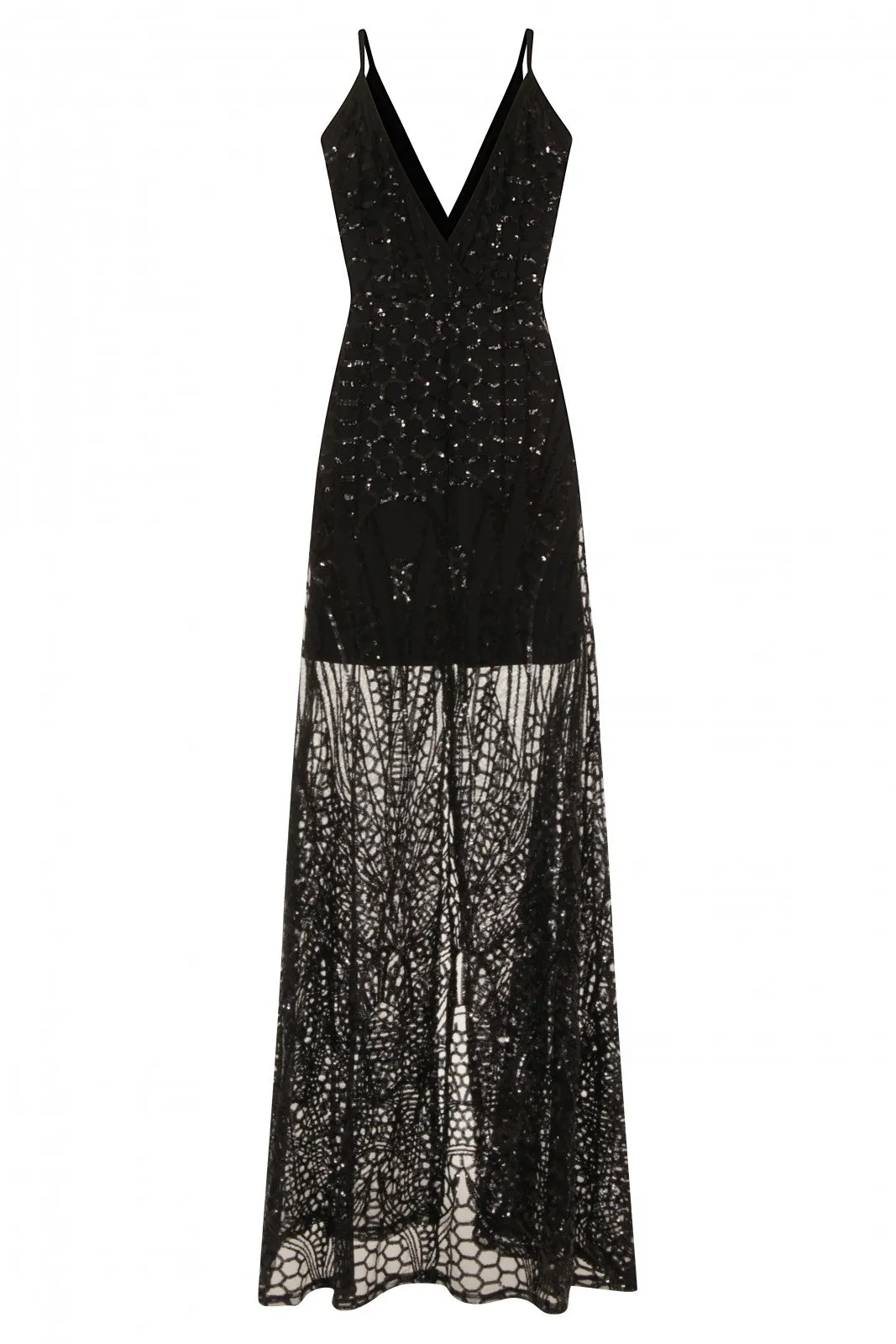 Daphne Black Sheer Luxe Sequin Slit Maxi Dress