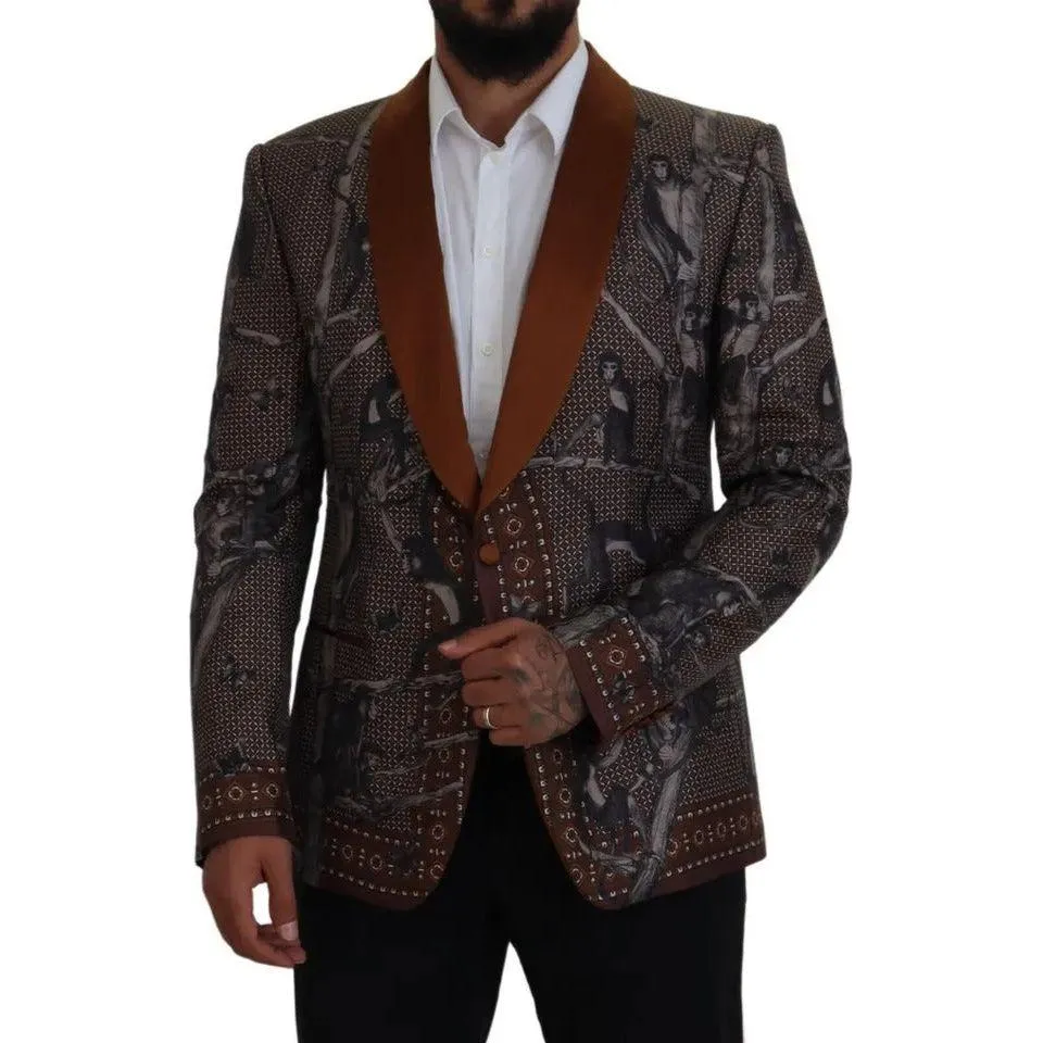 Dolce & Gabbana Bronze Monkey Print Silk Slim Jacket Blazer