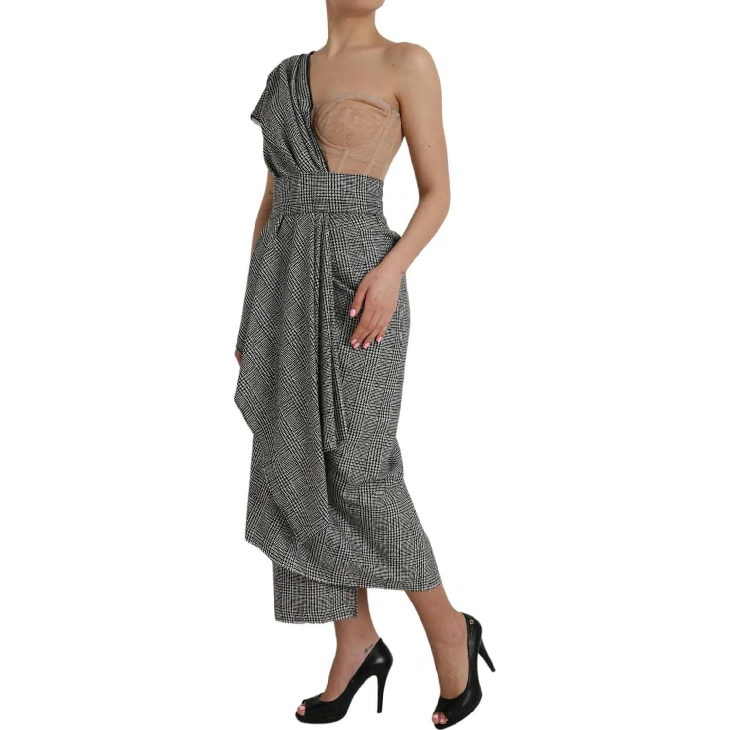 Dolce & Gabbana Gray Beige Layered One Shoulder Maxi Dress