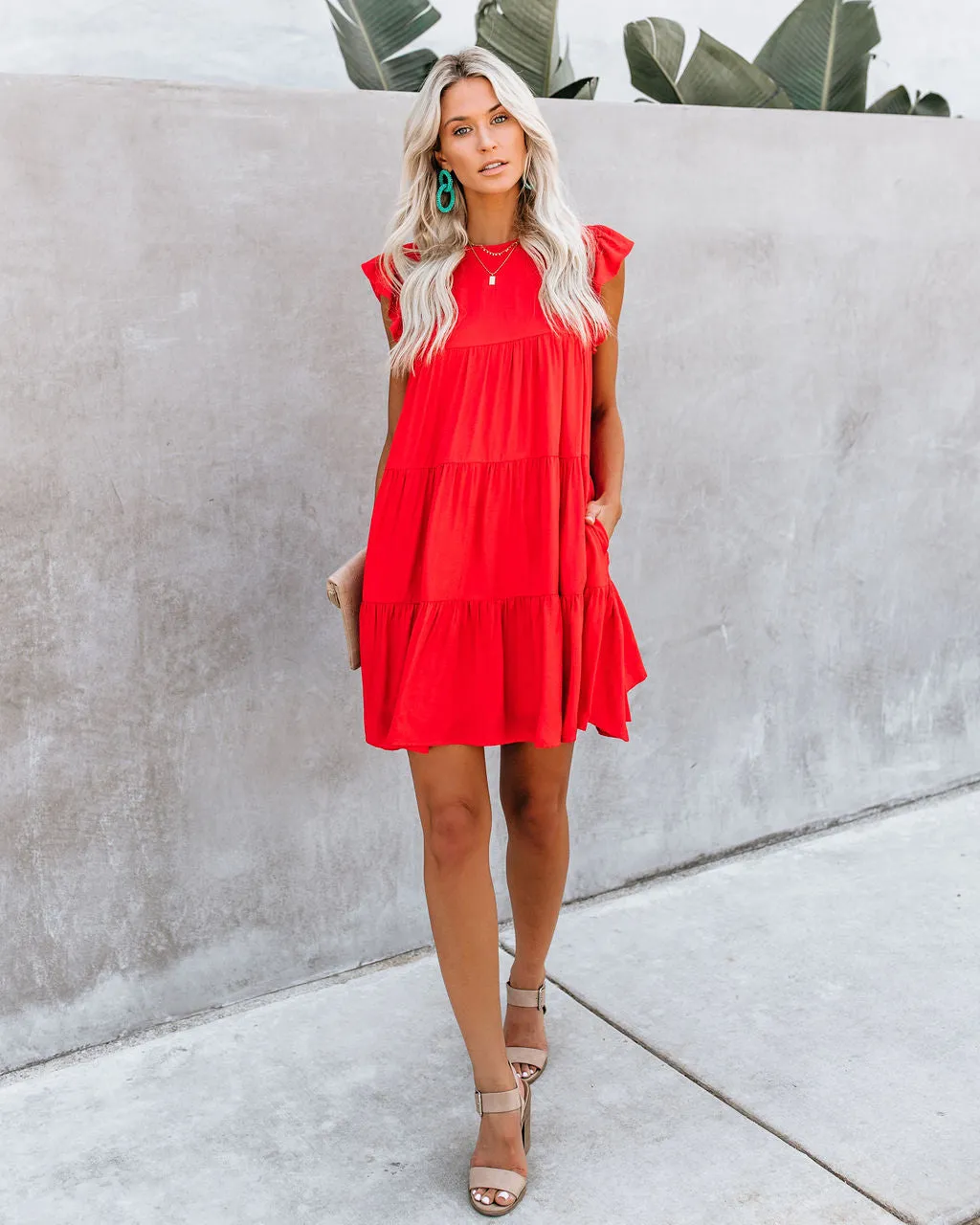 East Coast Pocketed Tiered Babydoll Dress - Red