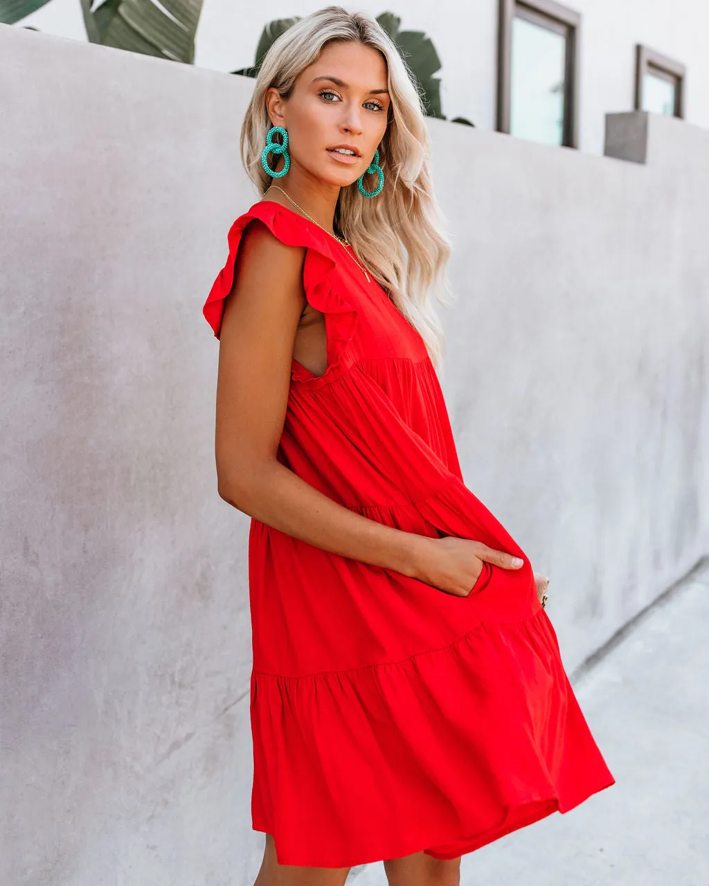 East Coast Pocketed Tiered Babydoll Dress - Red