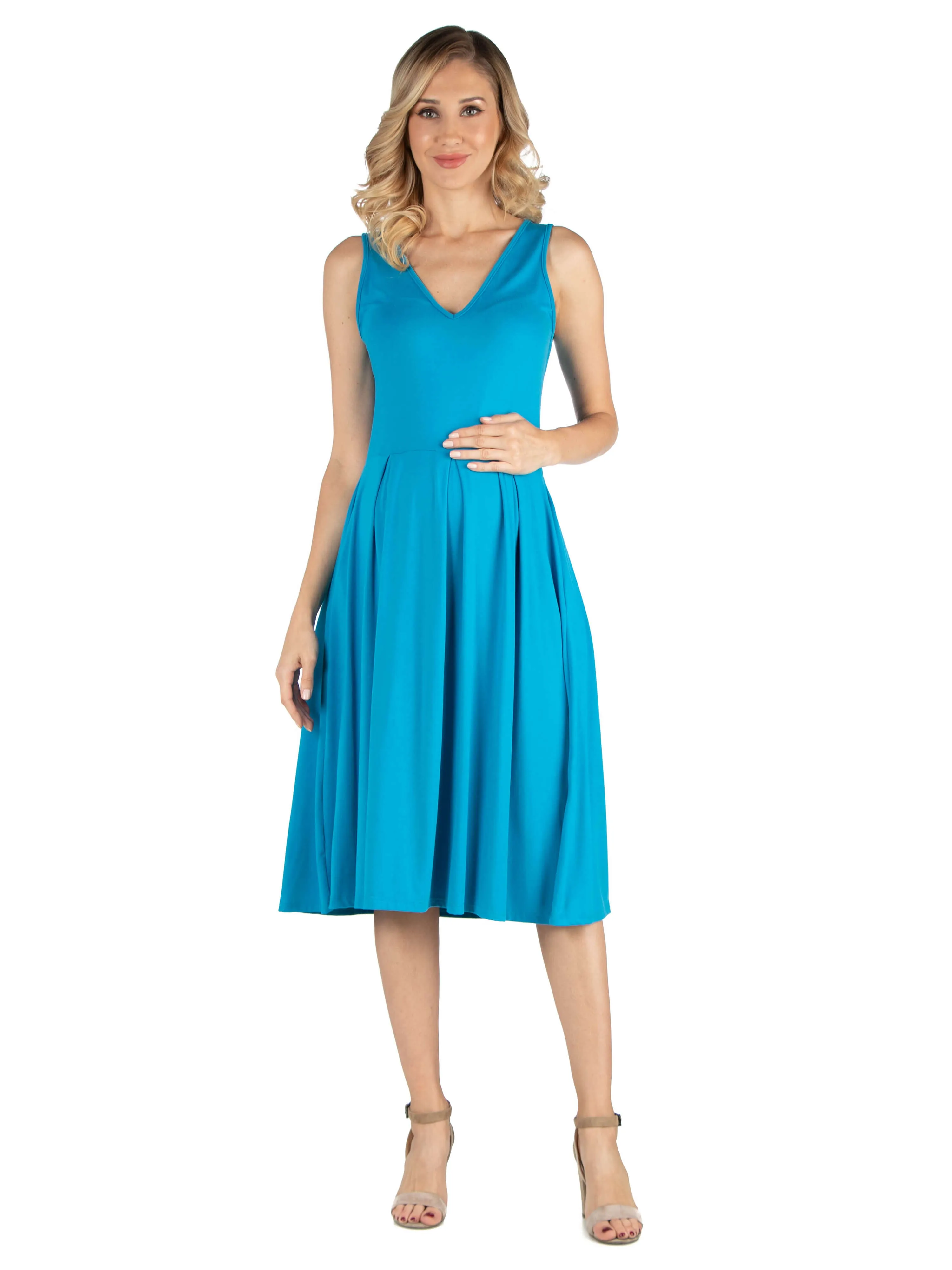 Fit and Flare Sleeveless Maternity Midi Dress with Pockets