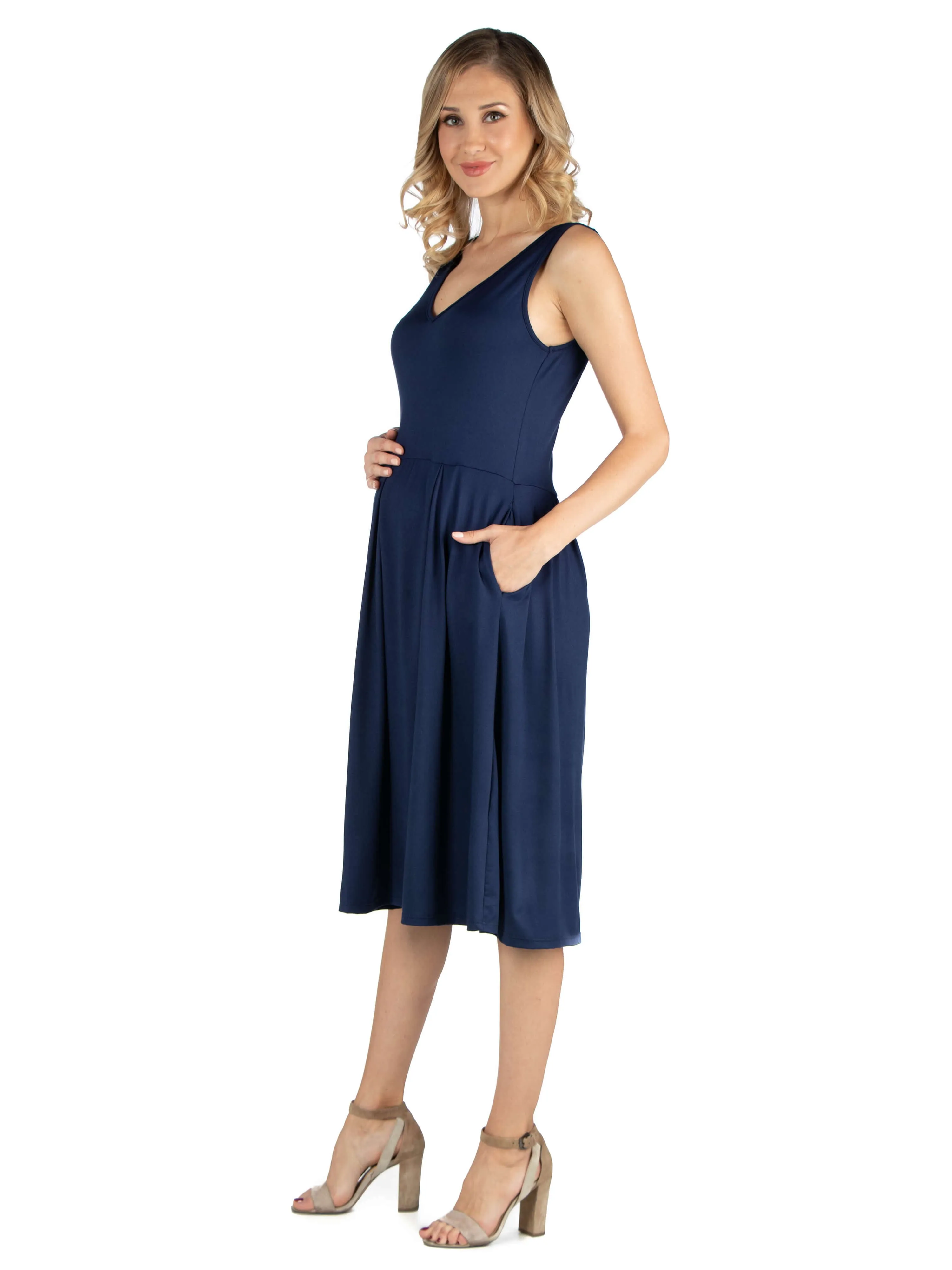 Fit and Flare Sleeveless Maternity Midi Dress with Pockets