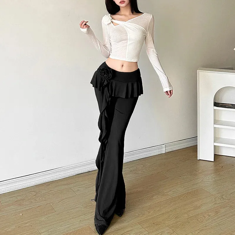 Flower High Fashion Strecth Solid Straight Folds Ribbons Summer Patchwork Casual Pants