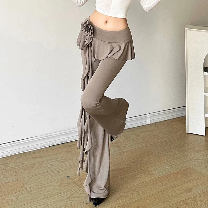 Flower High Fashion Strecth Solid Straight Folds Ribbons Summer Patchwork Casual Pants