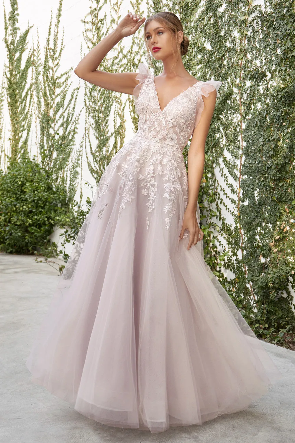 Flutter Tulle Sleeve Floral A-Line Gown by Andrea & Leo Couture A1018 Lennox - Special Occasion