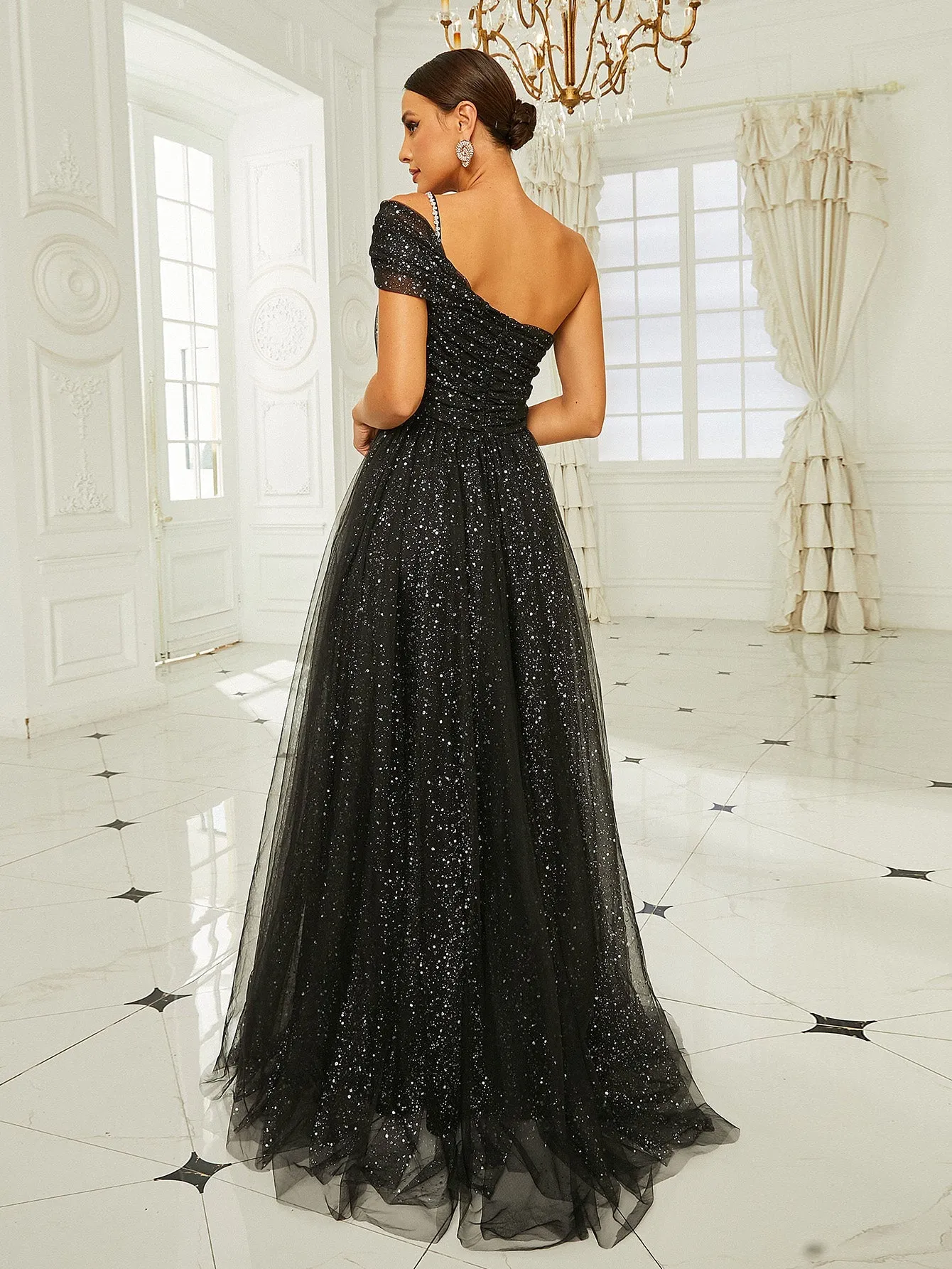 Formal Off Shoulder A-Line Tulle Black Ball Gown RA60246