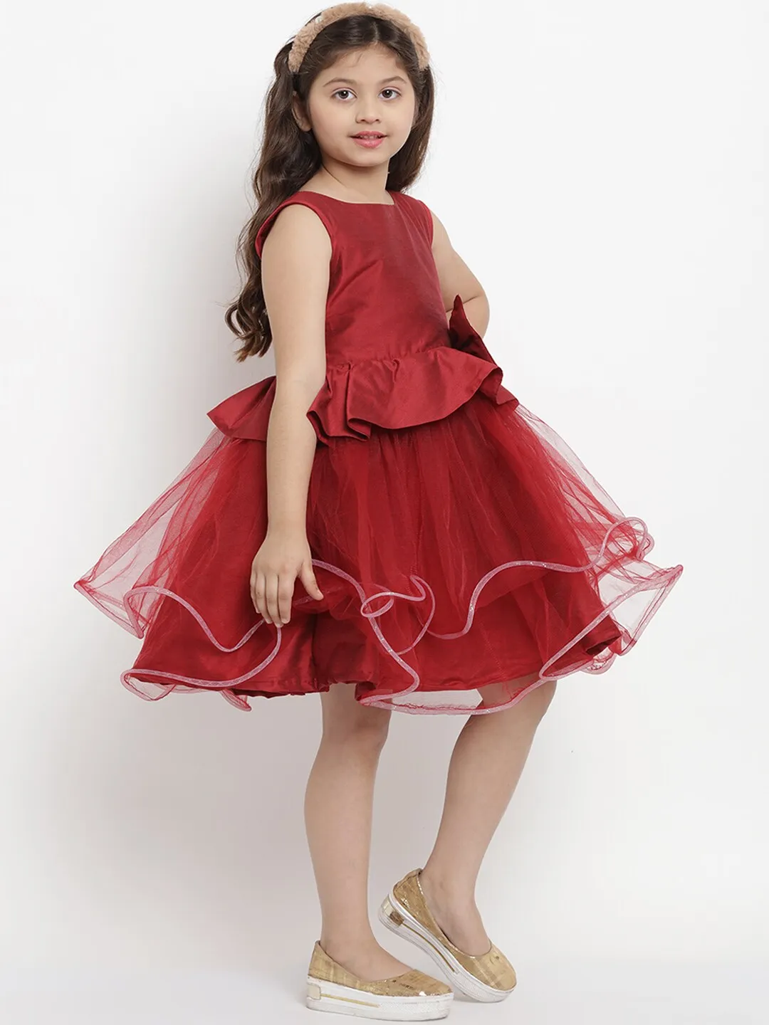 Girl's Maroon Solid Fit And Flare Dress  - NOZ2TOZ KIDS