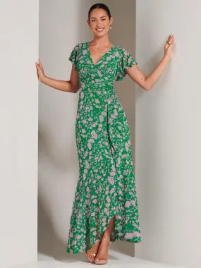 Gisselle Ruffle Hem Mesh Maxi Dress, Green Floral