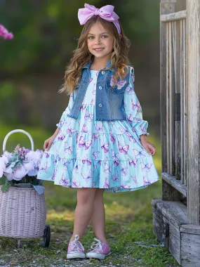 Give Me Butterflies Denim Vest And Tiered Dress Set