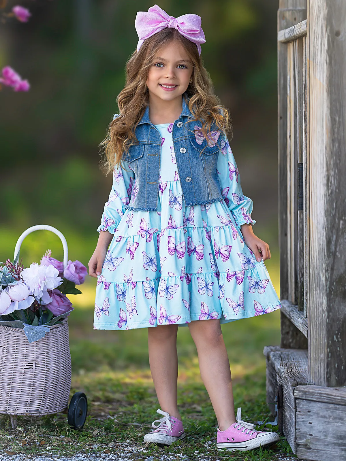 Give Me Butterflies Denim Vest And Tiered Dress Set