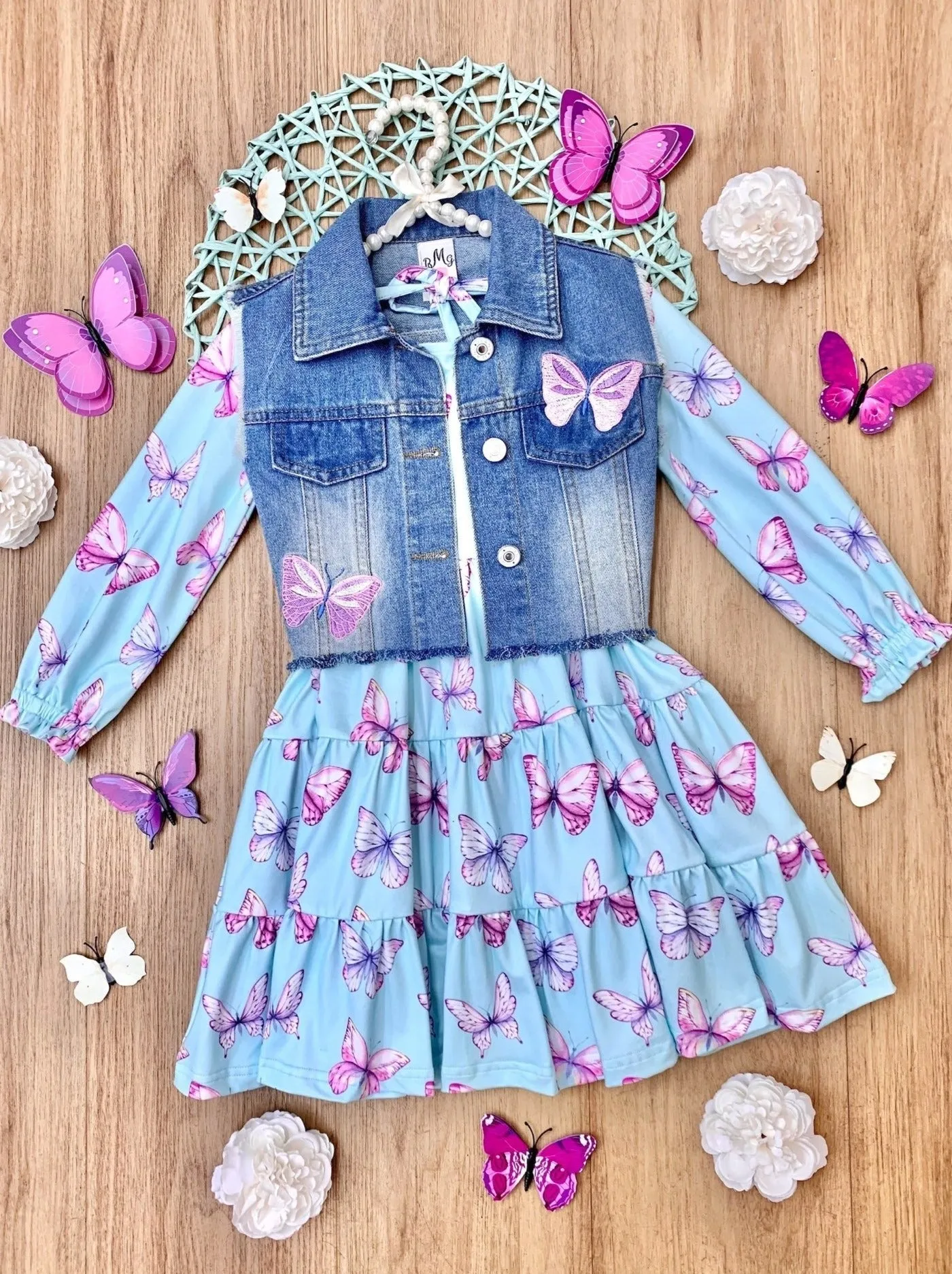 Give Me Butterflies Denim Vest And Tiered Dress Set