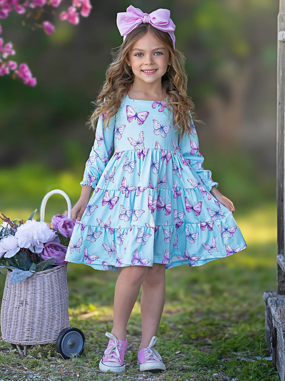 Give Me Butterflies Denim Vest And Tiered Dress Set