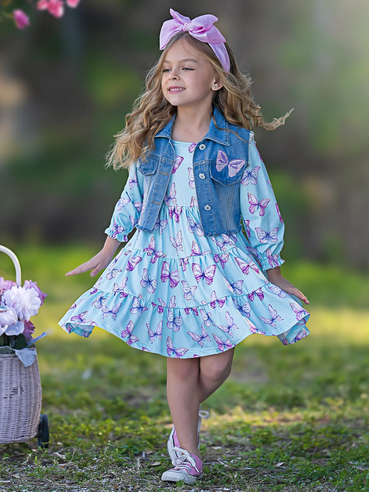 Give Me Butterflies Denim Vest And Tiered Dress Set