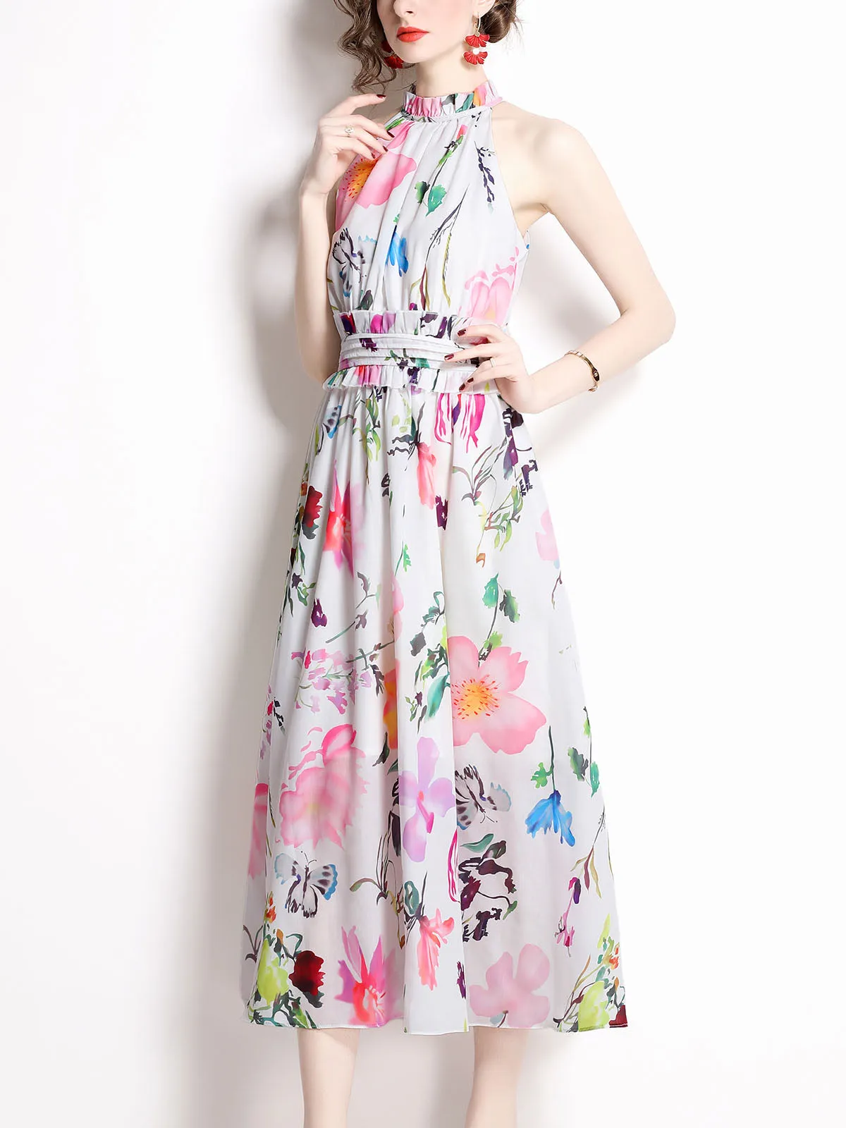 Halter Floral Printed Sleeveless High Waist Beach Party Fashion Boho Dress