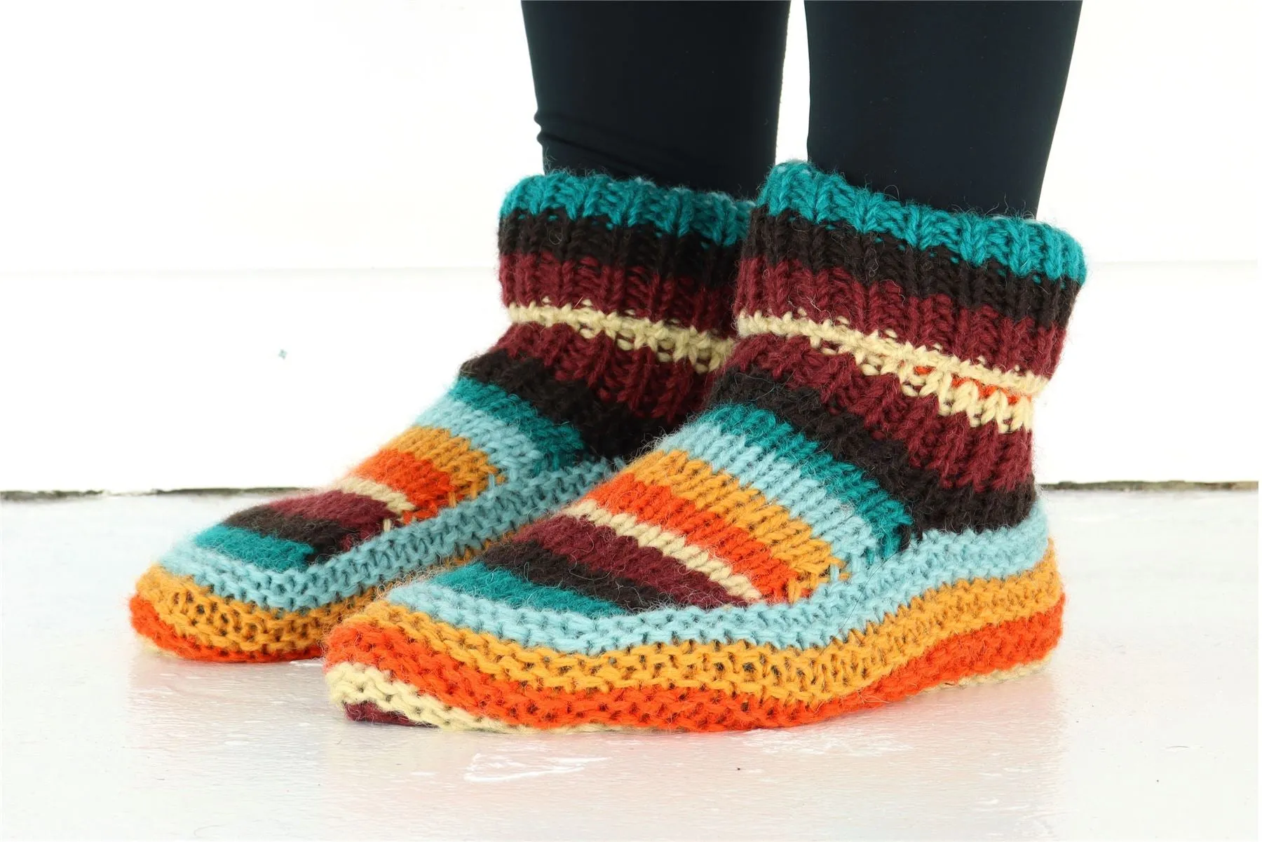 Hand Knitted Wool Slipper Socks - Stripe Retro D